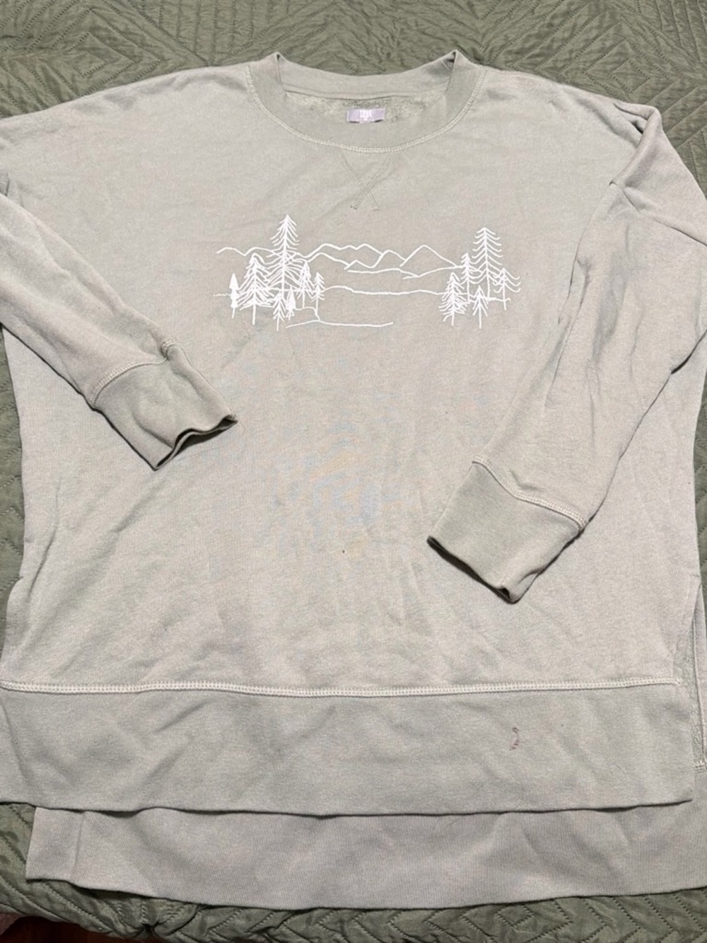 True Craft Sage Green Crewneck Sweater with White Mountain Tree Graphic